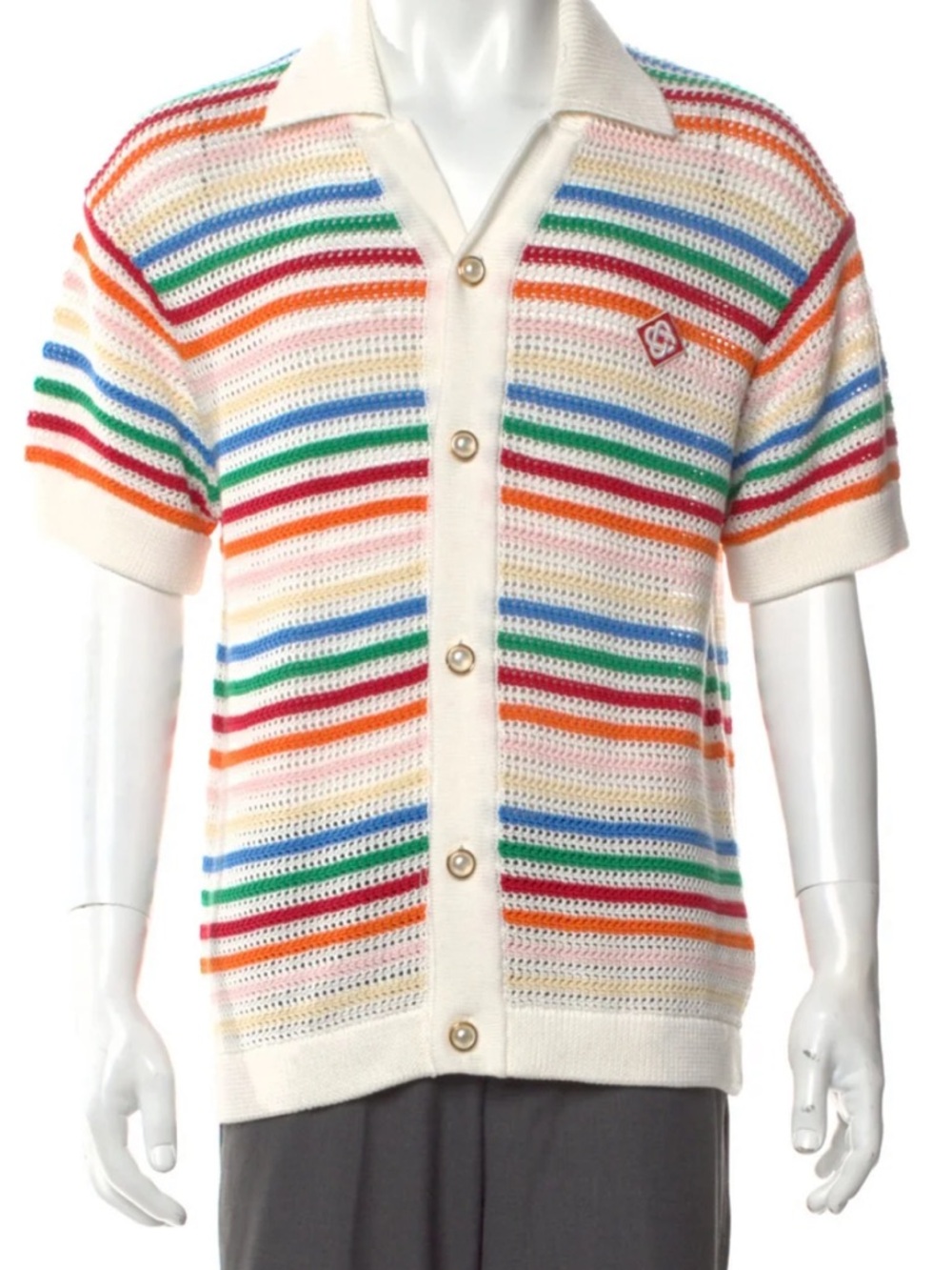Men's Casablanca Cream Short-Sleeve Striped Crochet Cardigan Sweater